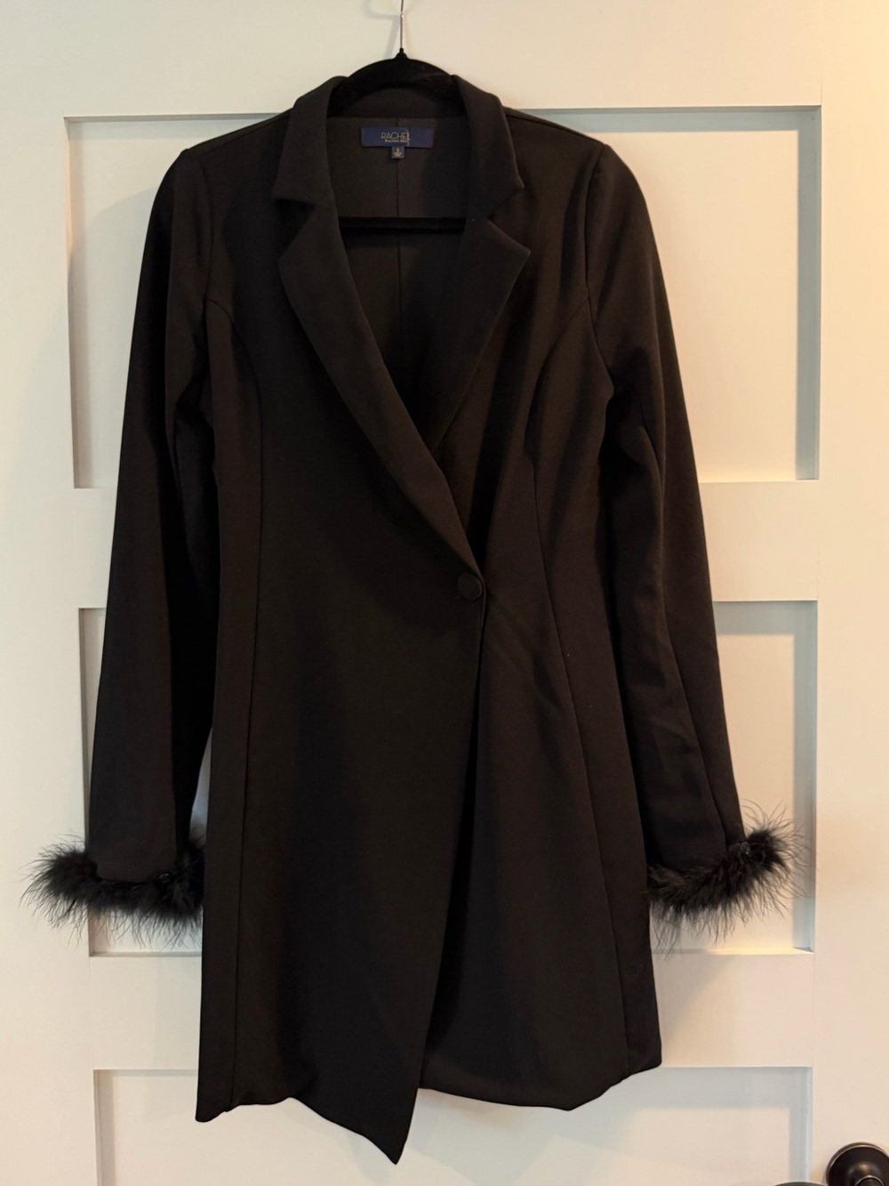 RACHEL Rachel Roy Black Long Coatdress with removable Feather Cuffs